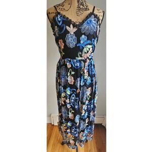 Anthropologie Eri + Ali Floral Lace Strap Black/Blue Midi Dresse, Sz S